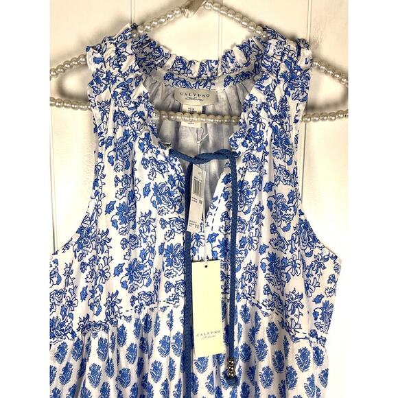 Calypos St Barth Daria Blue and White Tiered Maxi Lined Dress Sleeveless Medium - Picture 6 of 8